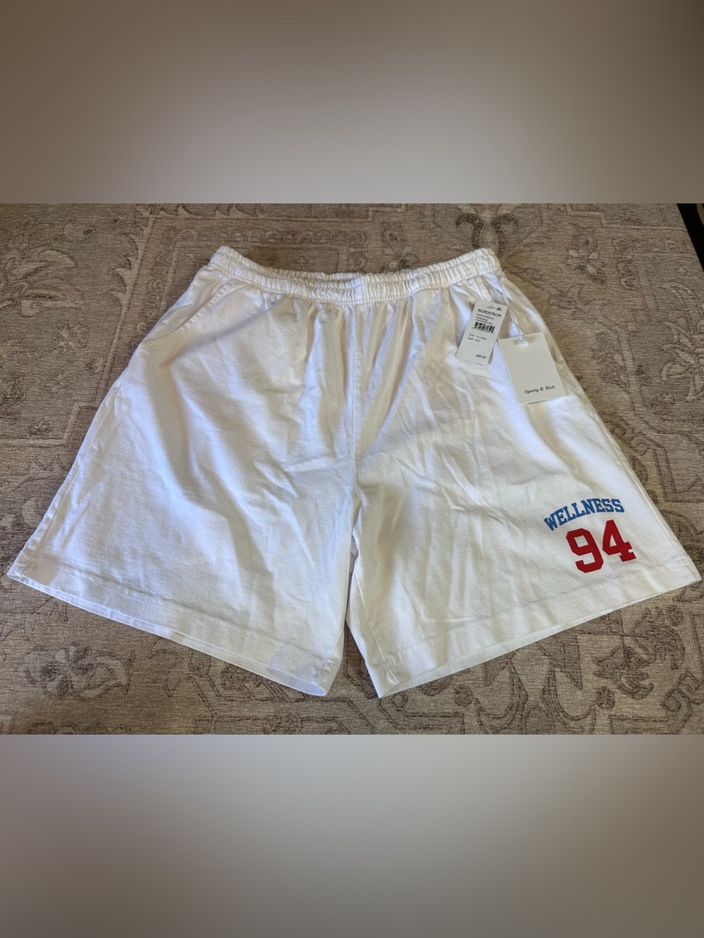 Sporty & Rich White Wellness 94' Athletic Shorts with Red & Blue Logo Unisex - Picture 4 of 7